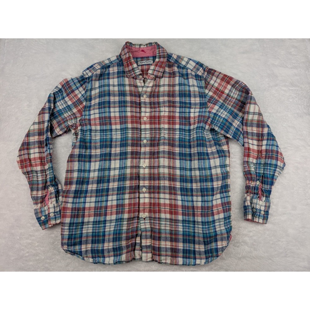 Tommy Bahama Button Up Shirt‎ Men's Large Multicolor Plaid Linen Beach